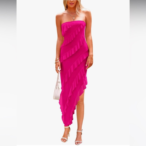 PRETTYGARDEN Women Formal Strapless Tube Asymmetrical Ruffle Maxi Bodycon Dress - Picture 1 of 5